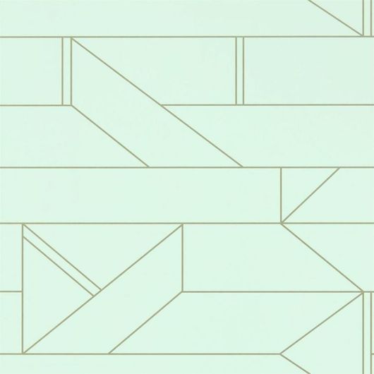 Купить обои в спальню арт. 112013 дизайн Barbican   из коллекции Zanzibar от Scion, Великобритания с современным геометрическим принтом серебристого цвета на светло-зеленом фоне в салоне обоев Одизайн в Москве