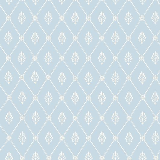 Обои Alma от Cole & Son с элегантным викторианским орнаментом, состоящим из миниатюрных стилизованных листочков в обрамлении трельяжной решетки из бус на лазурно-голубом фоне. Выбрать, заказать обои для гостиной, столовой в интернет-магазине, бесплатная доставка.