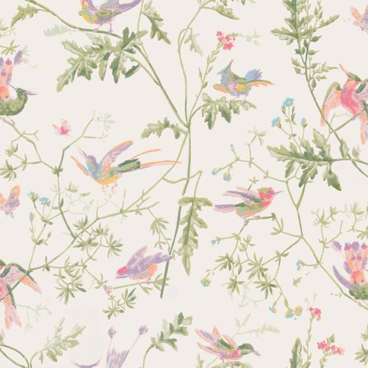 Живописные обои Hummingbirds от Cole & Son с изображением очаровательных колибри с разноцветным оперением, порхающих среди изящных ветвей и дивных цветов нежных оттенков на фоне цвета утренней дымки. Купить обои для столовой, гостиной в салонах ОДизайн, онлайн оплата.