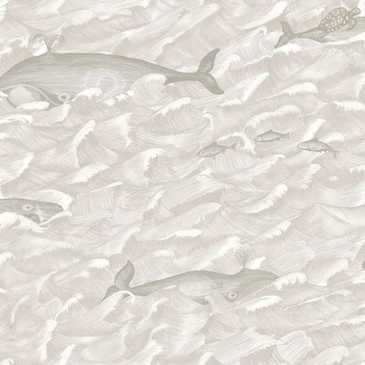 Фантазийный рисунок обоев Melville от Cole & Son с китами, плывущими по пенистым волнам океана с черепахами на спине и стайками рыб, появляющимися из глубин, похож на гравюру в дымчато-серых оттенках. Выбрать обои для детской, спальни. Английские обои в салонах ОДизайн.