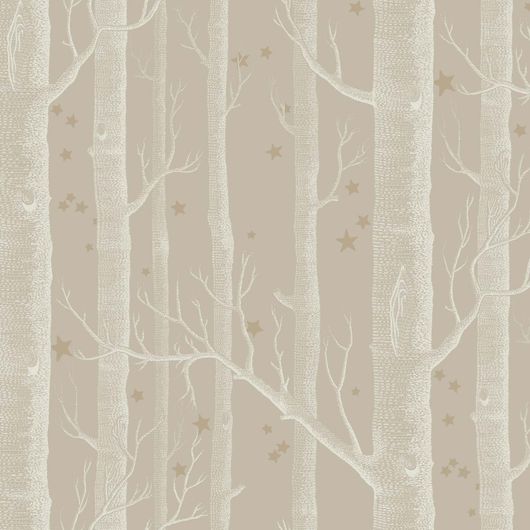 Обои Woods & Stars  ̶  это классический дизайн Cole & Son с изображением красиво прорисованных, фактурных стволов деревьев в перспективе на бежевом фоне, дополненный загадочно мерцающими золотыми звездами. Купить обои для комнаты в салонах ОДизайн. Большой ассортимент.