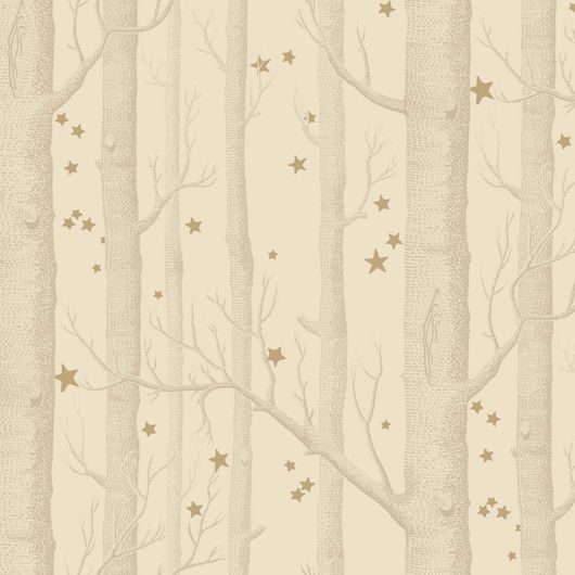 Классический дизайн Cole & Son с тщательно прорисованными, фактурными  стволами деревьев в перспективе в нейтральных теплых оттенках дополнен загадочно мерцающими золотыми звездами в обоях Woods & Stars.
Купить обои для комнаты в салонах ОДизайн. Большой ассортимент.