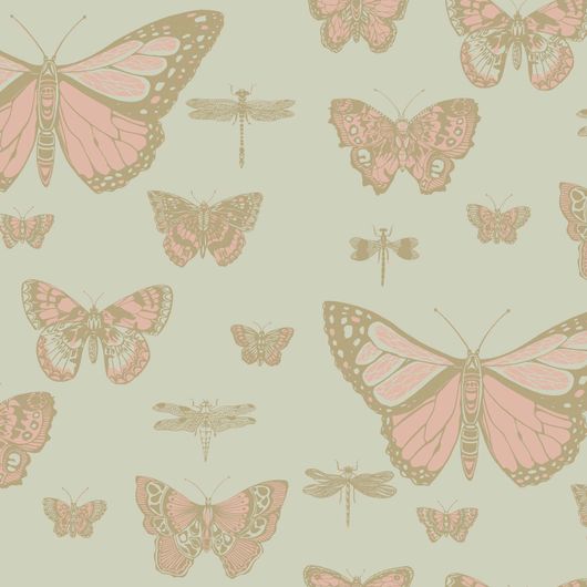Обои из Великобритании коллекция  WHIMSICAL от COLE & SON. Обои Butterflies & Dragonflies разномасштабные бабочки и стрекозы для спальни в золотисто-розовых тонах. Купить обои в интернет-магазине, онлайн оплата, бесплатная доставка.