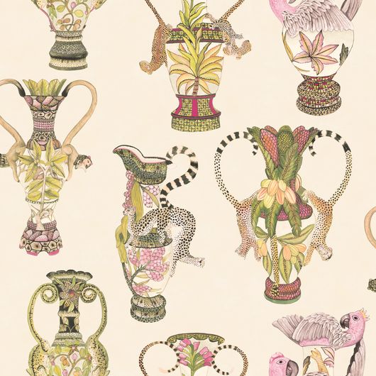 Обои из Великобритании коллекции ARDMORE от COLE & SON. Khulu Vases - грациозный дизайн для столовой, в котором представлены классические вазы, обвитые леопардами, львами, попугаями и другими африканскими животными. Приобрести  с бесплатной доставкой в О-Дизайн