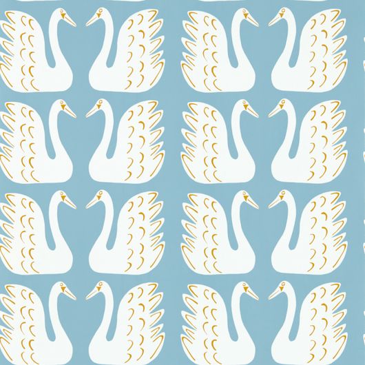 Английские обои Swim Swam Swan, артикул 112792, из каталога Garden of Eden от Scion с симметричным узором белых лебедей на голубом фоне. Обои с птицами купить в Москве.