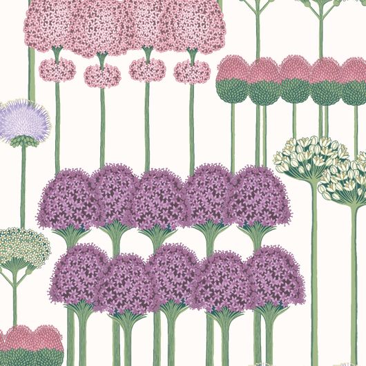 Обои Cole & Son - "Allium" арт. 115/12034 . Цветочный паттерн, создает геометричный рисунок с изображением луковичных растений цвета шелковицы, розовых румян и сиреневом на белом фоне. Английские обои, Обои Cole & Son, Каталог обоев