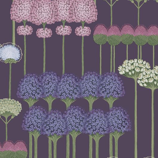 Обои Cole & Son - "Allium" арт. 115/12036 из каталога Botanical Botanica от Cole & Son. Цветочный паттерн, создает геометричный рисунок с изображением луковичных растений в оттенках шелковицы и вереска на фиолетовом фоне в стиле Ар Деко.