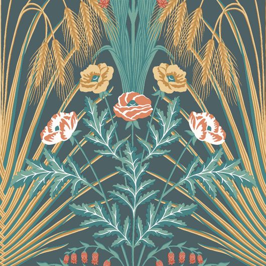 Обои Cole & Son - "Bluebell" арт. 115/3010 - это затейливый орнамент из полевых цветов, ростков пшеницы, маков, гиацинтоидесов и колокольчиков цвета чирка, золота и кораллового на петролевом фоне. Обои для квартиры, обои на стену, дизайнерские обои.