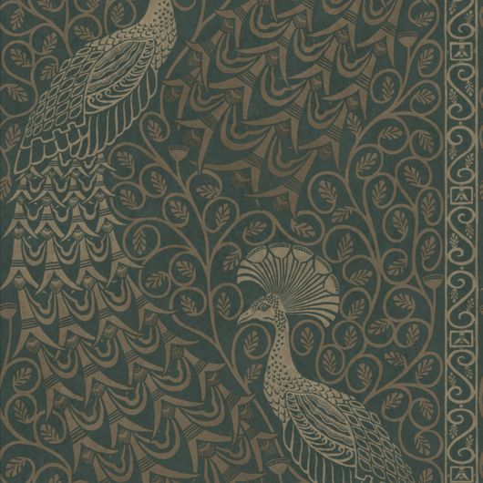 Английские обои с павлинами Pavo Parade от Cole & Son из каталога The Pearwood Collection артикул 116/8031 c крупным растительным рисунком бронзой на темном зеленом фоне