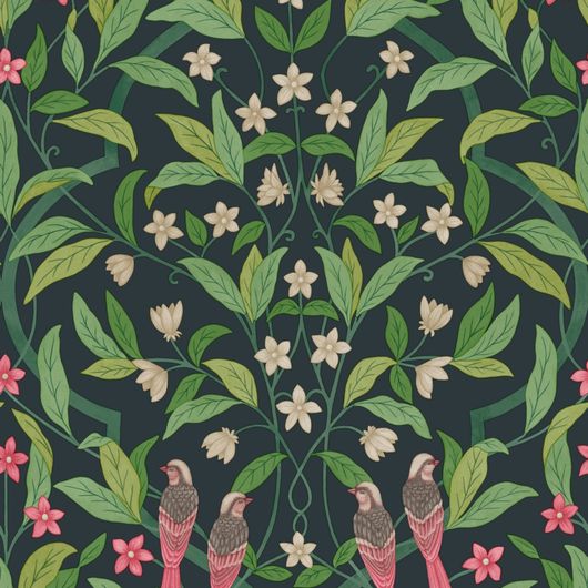 Флизелиновые обои пр-во Великобритания коллекция Seville от Cole & Son, рисунок под названием Jasmine & Serin Symphony изящный растительный узор с птицами на черном фоне. Обои для гостиной, обои для спальни, обои для кухни. Онлайн оплата, большой ассортимент, купить обои в интернет-магазине Одизайн