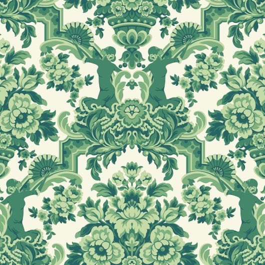 Флизелиновые обои пр-во Великобритания коллекция Seville от Cole & Son, рисунок под названием Lola крупный дамаск зеленого цвета на белом фоне. Обои для гостиной, обои для спальни, обои для кабинета. Большой ассортимент, бесплатная доставка, купить обои