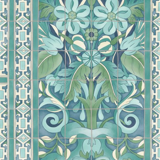 Флизелиновые обои пр-во Великобритания коллекция Seville от Cole & Son, с рисунком под названием Triana имитация расписанной керамической плитки преимущественно зеленый цвет. Обои для кухни, обои для гостиной, обои для коридора. Онлайн оплата, купить обои, большой ассортимент
