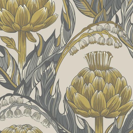 Цветочные обои  Mai артикул 11713 из каталога CANTARI от Fardis с детально прорисованными растениями и цветами  серого, коричневого, горчичного оттенков на  фоне светлого кофейного  цвета для спальни, гостиной или кабинета