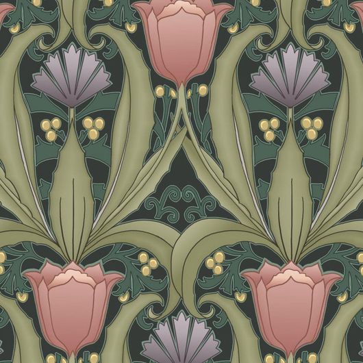 Обои в интерьере Fardis - Artisan арт. 11743. Дизайн напоминает средневековый стиль с угловатыми элементами, цветочный рисунок выполнен в красных и фиолетовых оттенках с зеленой растительностью на темном фоне. Посмотреть коллекцию, выбрать обои, заказать доставку.