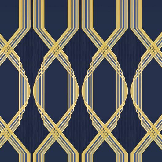 Обои флизелиновые Victorie  артикул 12129 из каталога DECO для гостинной с крупным геометрическим орнаментом из серо-синих линий на глубоком синем фоне в стиле Ар-Деко.