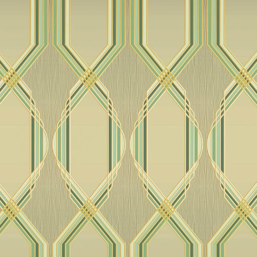 Обои для гостинной с крупным геометрическим орнаментом, состоит из зеленых линий, на бледно-зеленом фоне. Обои в кабинет