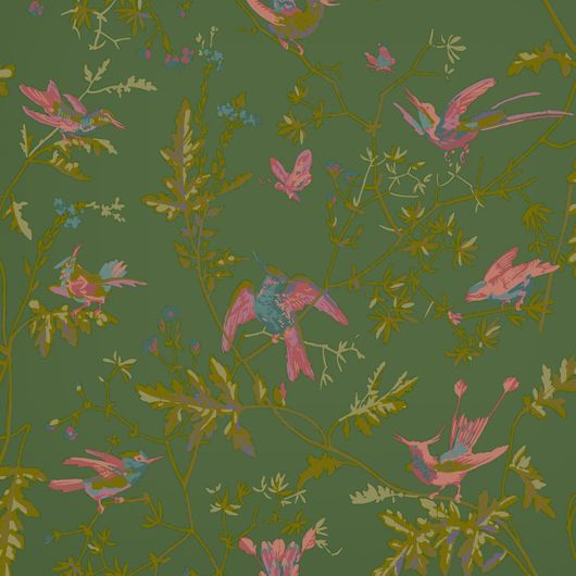 Английские обои с рисунком колибри и жимолости на благородном зеленом цвете Hummingbirds Racing Green, арт 124/1005, Selection of Hummingbirds, Cole&Son.