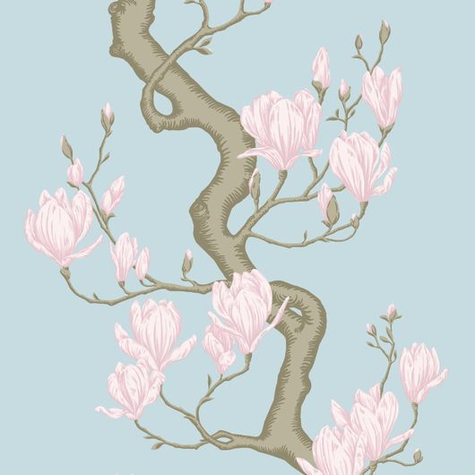 Купить премиальные обои Magnolia Tree арт. 128/1004 от Cole & Son из коллекции Classics II. Детализированный классический узор дерева Магнолия на голубом фоне. Детальный рисунок, демонстрирующий качество печати.