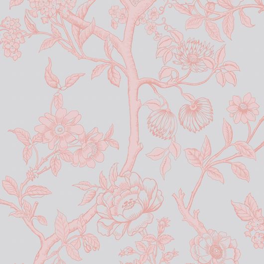 Крупный план рисунка премиальных обоев Paradise Tree арт. 128/2008 от Cole & Son из коллекции Classics II. Детализированный классический узор райского дерева в мягком пастельно-голубом и нежно-розовый цвете, демонстрирующий качество печати. Английские обои для стен в спальне, гостинной, коридора или столовой.