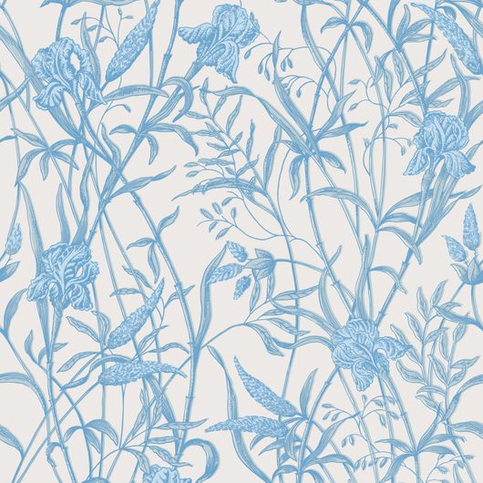 Купить премиальные обои  Iris арт. 128/5026 от Cole & Son из коллекции Classics II для стен. Детализированный рисунок цветков и листьев ириса в голубом исполнении на кремовом фоне, демонстрирует качество печати. Английские обои для стен в спальне, гостинной, коридора или столовой.