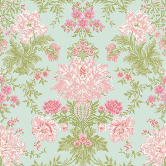 Купить премиальные обои для стен Poppies арт. 128/7034 от Cole & Son из коллекции Classics II. Орнаментальный винтажный принт Poppies в пастельных цветах на мятном фоне, демонстрирует качество печати. Английские обои для стен в спальне, гостинной, коридора или столовой.