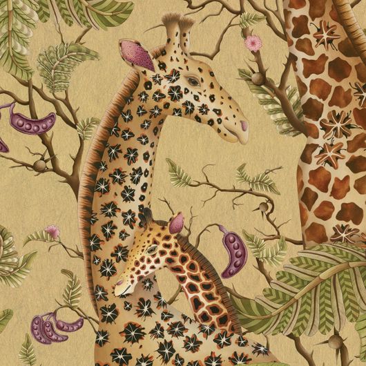 Роскошные флизелиновые обои Royal Giraffe Gilded арт. 129/3010 от Cole&Son каталог Ardmore Baobab, детальная прорисовка королевских жирафов на фоне цвета благородного золота.