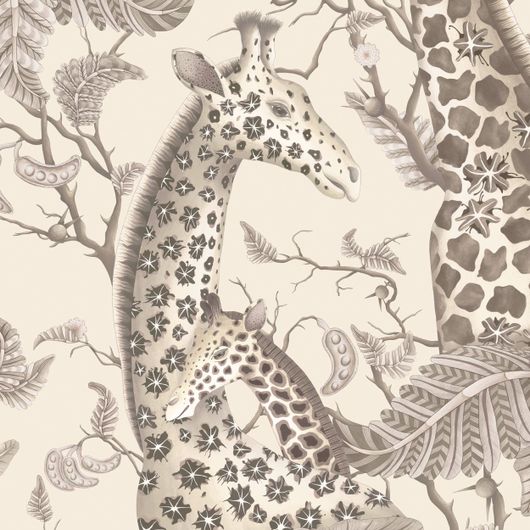 Роскошные флизелиновые обои Royal Giraffe Pebble арт. 129/3011 от Cole&Son каталог Ardmore Baobab, детальная прорисовка королевских жирафов на фоне сложного каменистого цвета.