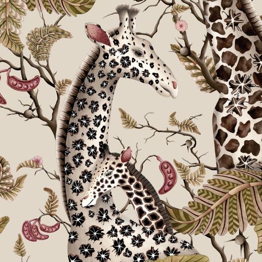 Изысканные флизелиновые обои Royal Giraffe Stone & Mulberry арт. 129/3012 от Cole&Son каталог Ardmore Baobab, детальная прорисовка королевских жирафов среди декоративных листьев акации и стручков фасоли в цветах африканского камня и шелковицы.