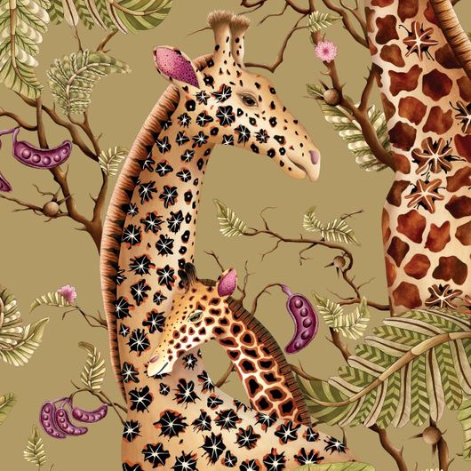 Благородные флизелиновые обои Royal Giraffe Safari арт. 129/3013 от Cole&Son каталог Ardmore Baobab с детальной прорисовкой королевских жирафов на фоне сложного цвета Сафари.