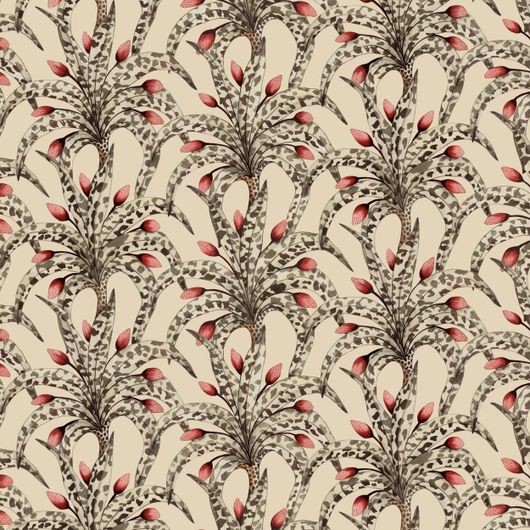 Детальный фрагмент флизелиновых обоев Afrika Damask Sandstone & Ruby арт. 129/5017 от Cole&Son каталог Ardmore Baobab, тонкая прорисовка в виде дамасского дерева органичной формы в цветах землистого песчанника и рубина.