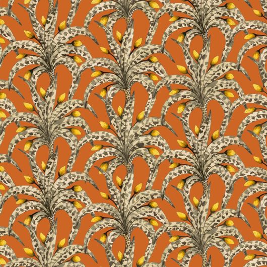 Детальный фрагмент флизелиновых обоев Afrika Damask Tangerine & Marigold арт. 129/5018 от Cole&Son(Англия) каталог Ardmore Baobab, тонкая прорисовка в виде дамасского дерева органичной формы в цветах мандарина и календулы.