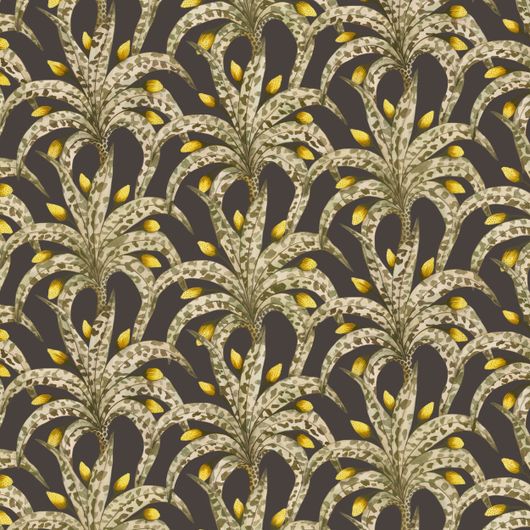 Детальный фрагмент флизелиновых обоев Afrika Damask Onyx & Citrine арт. 129/5019 от Cole&Son(Англия) каталог Ardmore Baobab, тонкая прорисовка в виде дамасского дерева органичной формы в цветах Оникса и цитрина.