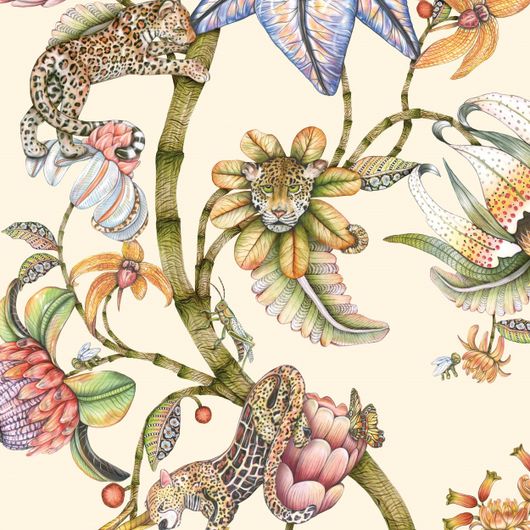 Детальный фрагмент рисунка флизелиновых обоев Protea Panthera Stone арт. 129/6021 от Cole&Son (Великобритания) каталог Ardmore Baobab с романтичными пантерами на ветвях Протеи на фоне цвета африканского камня.