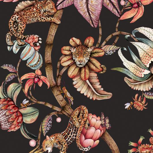 Детальный фрагмент рисунка флизелиновых обоев Protea Panthera Onyx арт. 129/6023 от Cole&Son (Великобритания) каталог Ardmore Baobab с романтичными пантерами на ветвях Протеи на фоне цвета африканского камня.