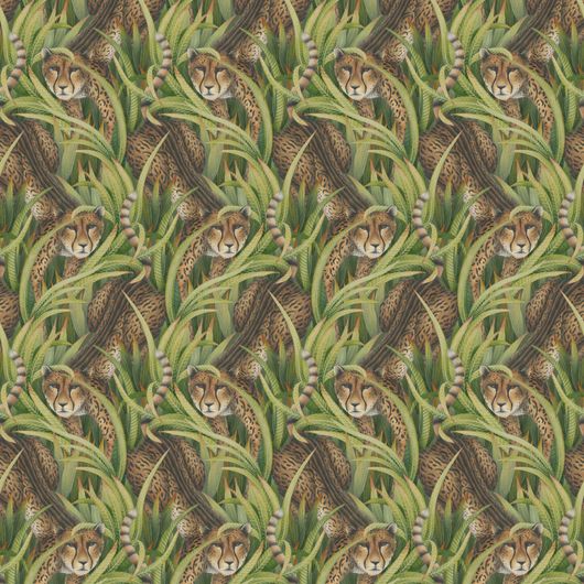 Роскошный и замысловатый рисунок обоев Cheetah Prowl Grass арт. 129/8042 от Cole&Son (Англия) из каталога Ardmore – Baobab с королевскими гепардами, пробирающимися сквозь стебли трав.