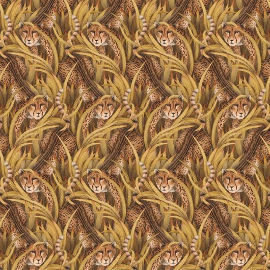 Роскошный и замысловатый рисунок обоев Cheetah Prowl Bronze арт. 129/8043 от Cole&Son (Англия) из каталога Ardmore – Baobab в бронзовом цвете с королевскими гепардами, пробирающимися сквозь стебли трав.