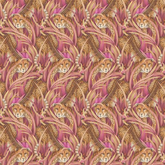 Роскошный и замысловатый рисунок обоев Cheetah Prowl Cerise арт. 129/8045 от Cole&Son (Англия) из каталога Ardmore – Baobab с королевскими гепардами, пробирающимися сквозь стебли трав.