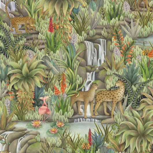 Детальный фрагмент обоев Injisuthi Jade  арт. 129/9046 от Cole&Son(Англия) из каталога Ardmore Baobab со сложным рисунком флоры и фауны южной африки в нефритовом цвете.