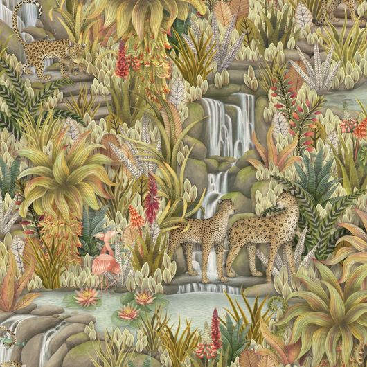 Детальный фрагмент обоев Injisuthi Stone & Sand арт. 129/9048 от Cole&Son(Англия) из каталога Ardmore Baobab со сложным рисунком флоры и фауны южной африки в благородном цвете песка и камня.