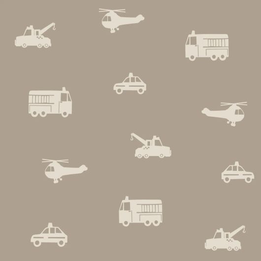 Детские мальчиковые обои Machinery and cars taupe арт. 131399 из каталога POM POM PIE от EstaHome Нидерланды.