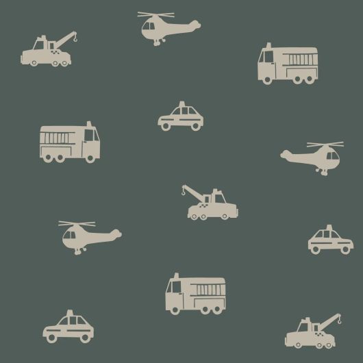 Детские обои для мальчиковой комнаты Machinery and cars dark green арт. 131400 — с машинками в темно зеленом комфортном тоне создают веселую атмосферу, превращая комнату в пространство для фантазий и приключений.
