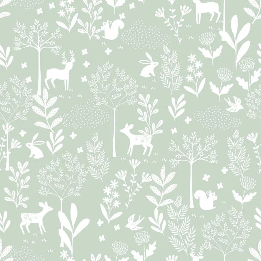 Детские обои для стен Forest with animals mint green арт. 139524 — зайчики, лисички, медвежата и белочки — дарят ощущение сказки и близости к природе.