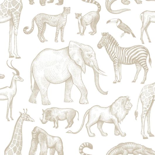 Флизелиновые обои Jungle animals white and beige арт. 139690 с животными саванны для стен детской.