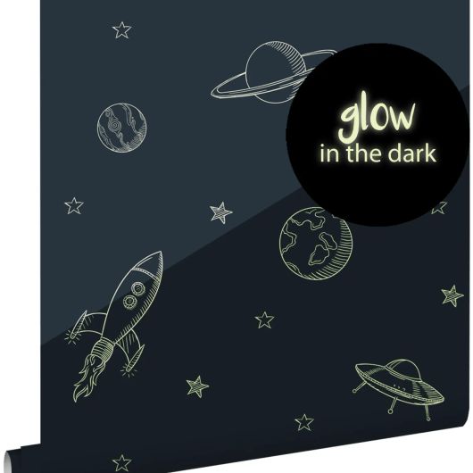 Детские светящиеся в темноте обои Glow in the dark planets in outer space арт. 139761 со звездами и планетами для детской комнаты.