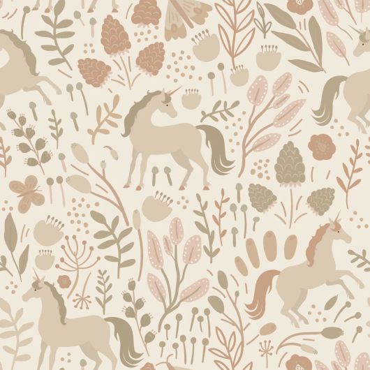Детские флизелиновые обои Unicorns beige and terracotta pink арт. 139806 с единорогами для комнаты девочки или мальчика.