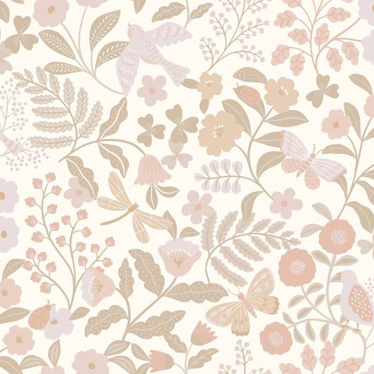 Крупный план узора обоев для интерьера Flowers and birds beige and soft pink арт. 13986 — с цветами и птицами в тёплых тонах — бежевый и нежно розовый создают в комнате жизнерадостную, уютную атмосферу.