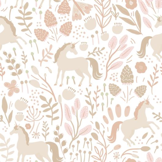Крупный план флизелиновых обоев с единорогами Unicorns beige арт. 139873 — текстура и нежный узор.