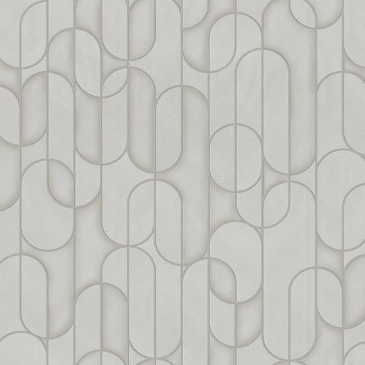 Фактурные моющиеся виниловые обои Modern Geometric артикул 1514-3 из каталога Vera от Adawall с серебряным геометрическим узором арок и кругов на глянцево мерцающем серо серебряном фоне создающем 3Д эффект для ванной, кухни или гостиной