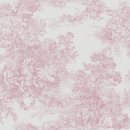 Обои Toile de jouy от Borastapeter с рисунком розового цвета в стиле жуи, изображающим пасторальные сюжеты на фоне, имитирующим льняную ткань. Купить обои для спальни, кухни в салонах Одизайн, большой ассортимент.