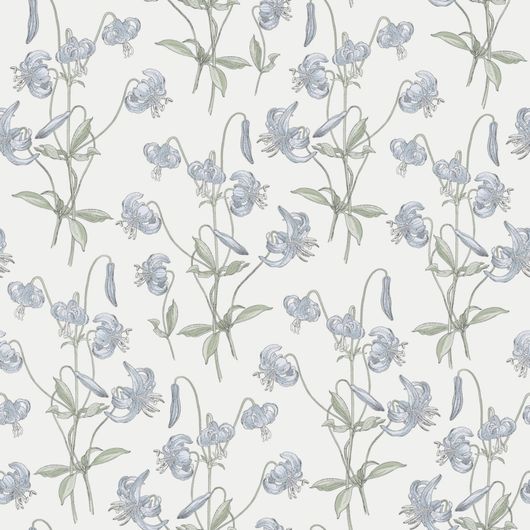 Флизелиновые обои из Швеции коллекция Northern FEELINGS от Collection For Walls под названием Lily. Голубые лилии на светлом фоне. Обои для кухни, обои для гостиной, обои для спальни. Большой ассортимент, купить обои в салоне Одизайн